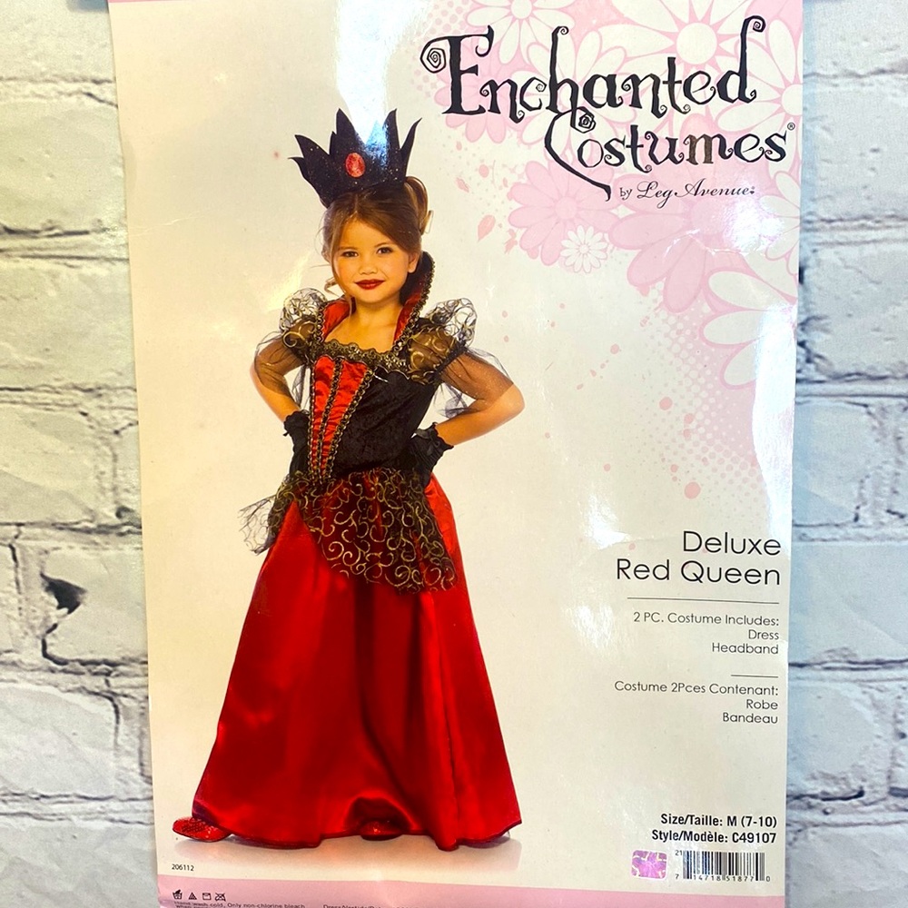 Enchanted Costumes Deluxe Red Queen Long Dress & Headband Size 7-10 Brand New